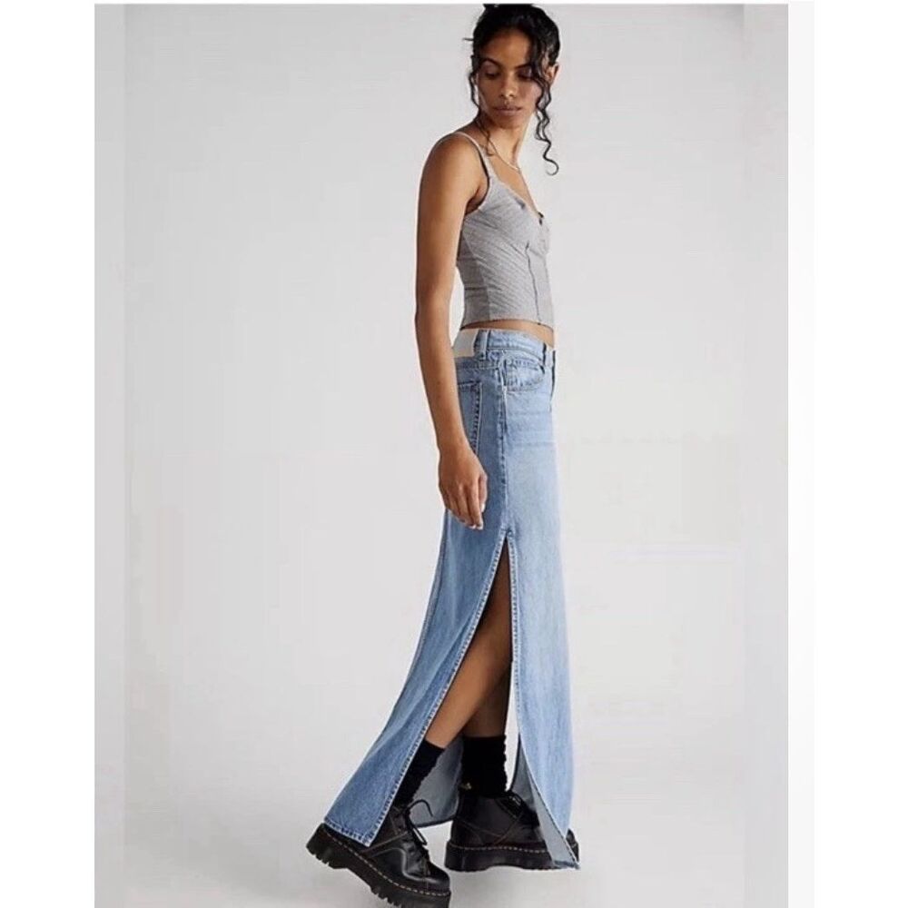 NEW Mother The Fun Dip Slice Denim Maxi Skirt 29 Blue Long Western Festival